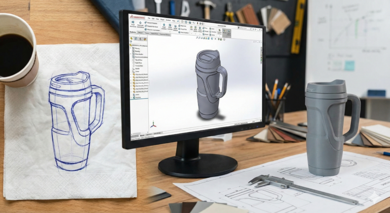 A product design workspace showing the evolution of an invention: a rough napkin sketch of a travel mug, a 3D CAD model on a computer screen, and a final 3D printed prototype sitting on engineering blueprints.