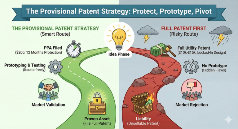 nfographic illustrating the "Provisional Patent Strategy" versus filing a "Full Patent First." The green "Smart Route" shows filing a PPA, prototyping, and market validation leading to a proven asset. The red "Risky Route" shows filing a full patent immediately, skipping prototyping, resulting in hidden flaws, market rejection, and a financial liability.