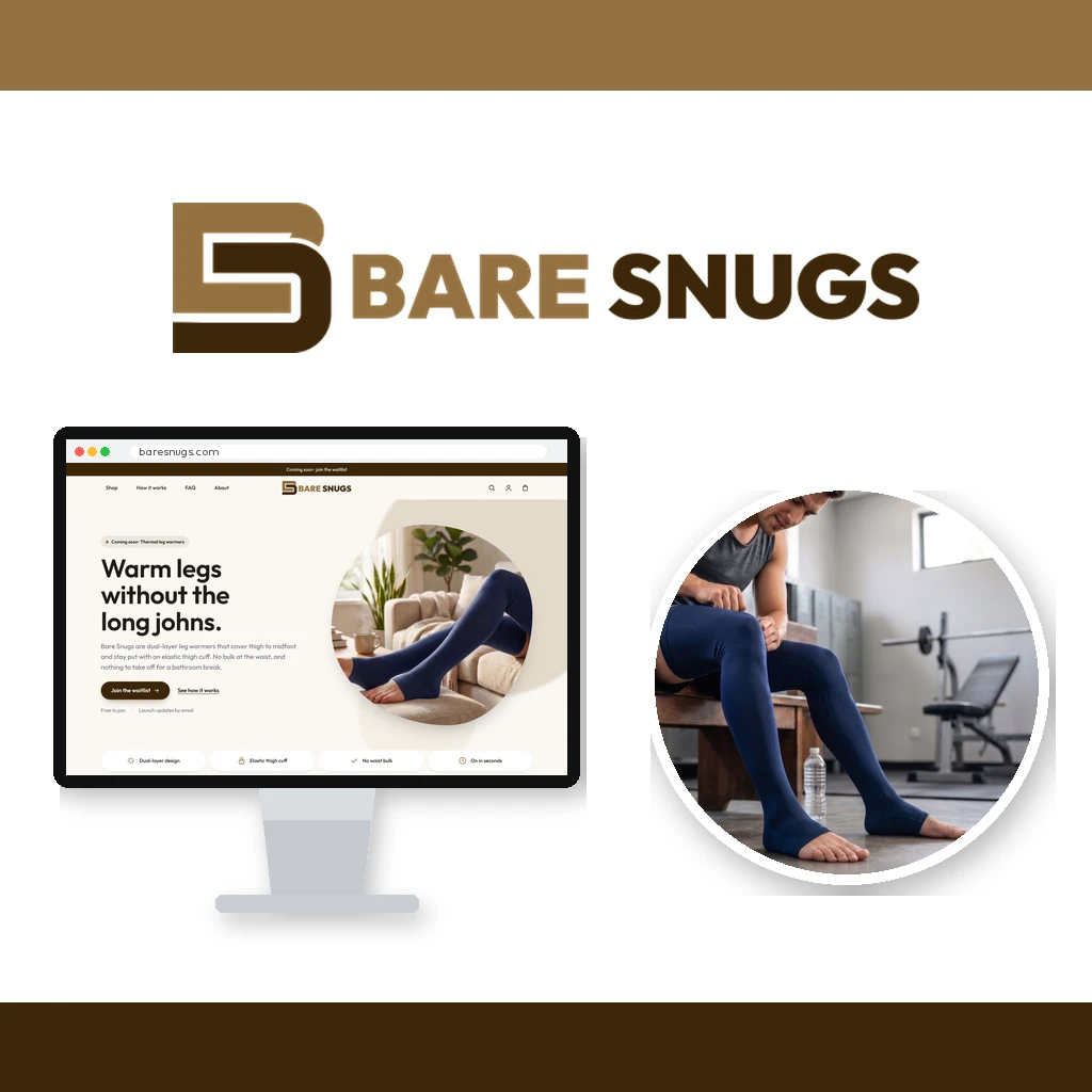 Bare Snugs logo, the new Bare Snugs website on a monitor, and a concept image of the leg warmers being pulled on