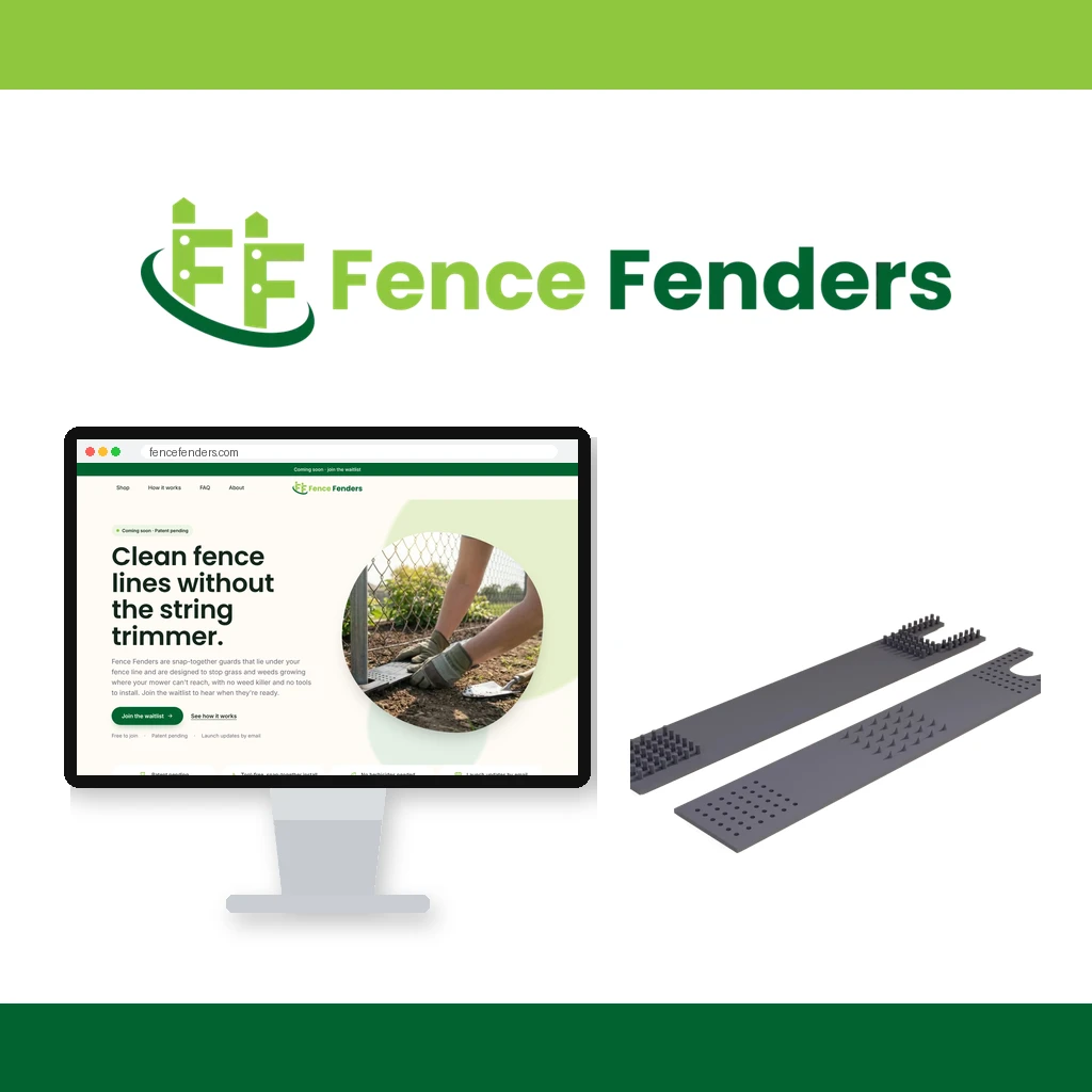 Fence Fenders logo, the fencefenders.com website on a monitor, and two Fence Fenders guards