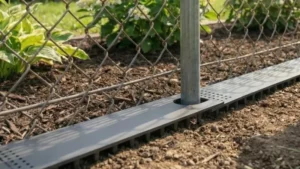 Fence Fenders guards along a chain-link fence line (3D render)