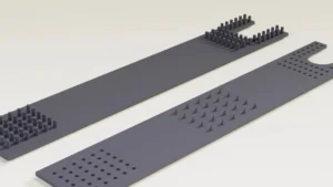 Two Fence Fenders guards showing the ground-grip teeth and snap dimples (3D render)
