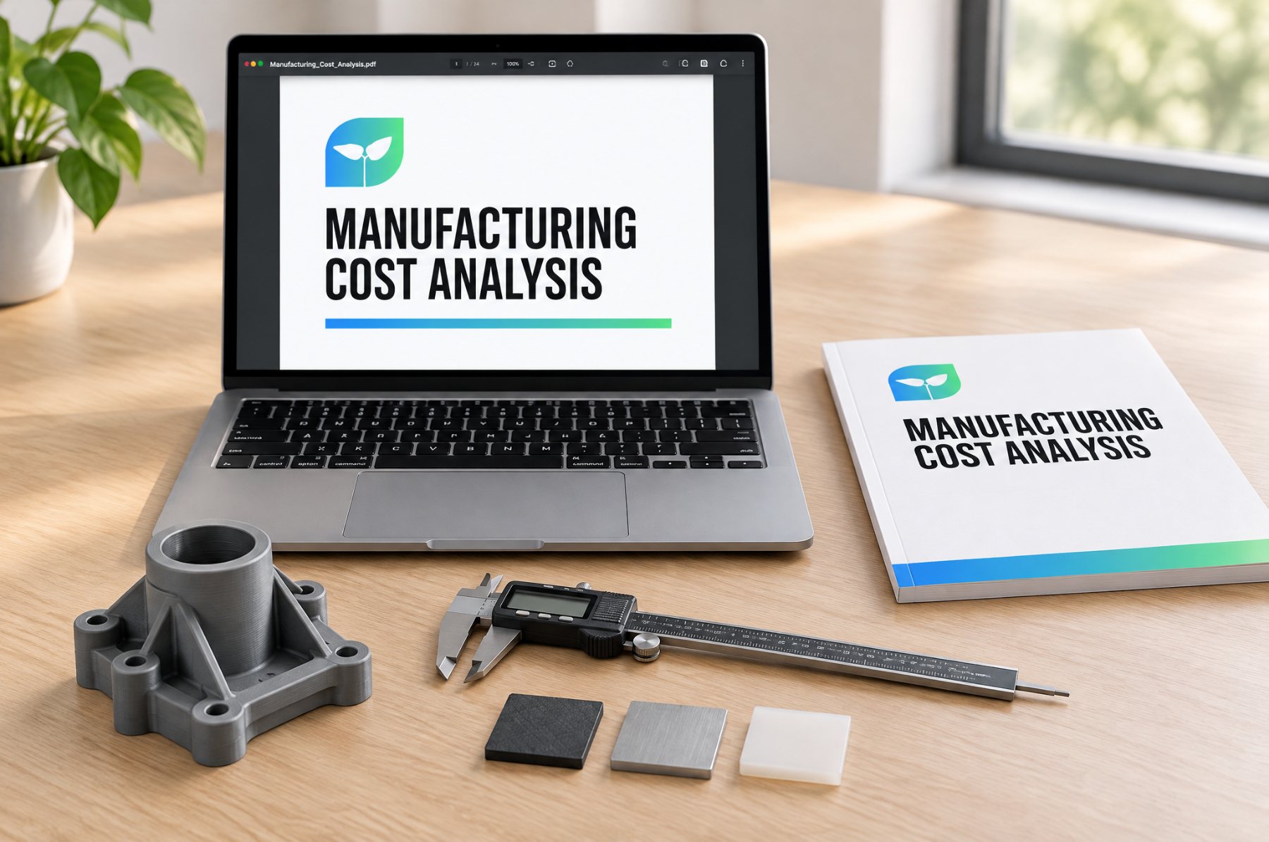The IPS Manufacturing Cost Analysis open as a PDF on a laptop, with an optional printed copy beside it, a prototype part, calipers and material samples
