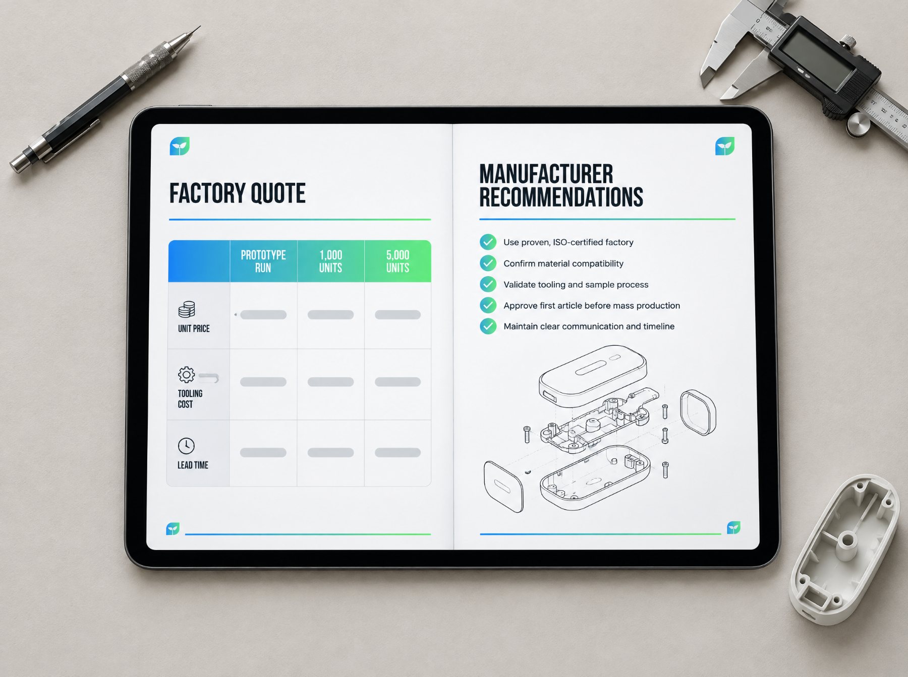 A tablet showing the report's factory quote table for a prototype run and two production quantities, next to a page of manufacturer recommendations and an exploded parts drawing