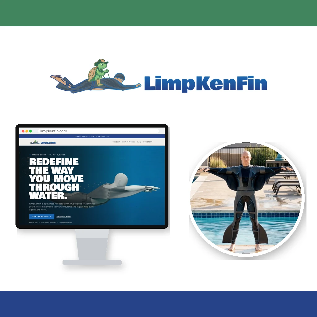 LimpKenFin logo, the new limpkenfin.com website on a monitor, and a 3D render of the full-body swim fin